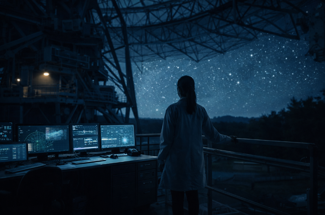 푸른 조명 아래 거대한 전파망원경 시설 안에 한 과학자가 서 있는 밤 장면