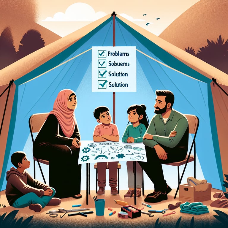 텐트의 문제점 해결을 위해 가족끼리 텐트 앞에서 대화를 하고 있는 모습의 사진