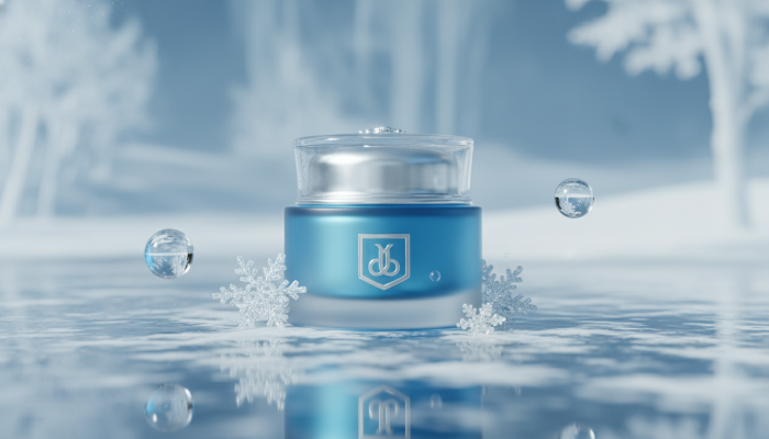 겨울철 건조한 피부를 위한 보습 크림과 눈 결정체 배경의 이미지