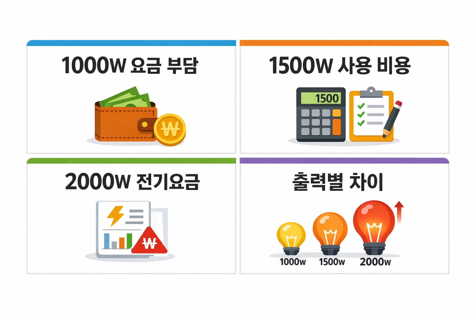온풍기 1000w 1500w 2000w 출력별 하루와 한달 전기요금 부담 차이를 비교한 정보 이미지