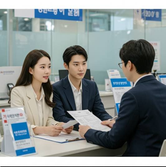주택담보대출을 상담하는 젊은 부부 사진