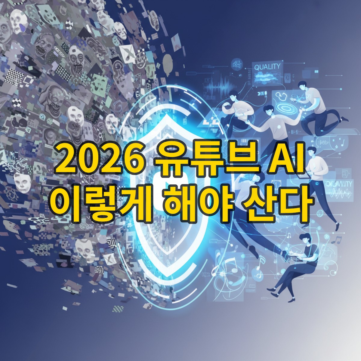 유튜브가 저품질 AI 콘텐츠 '슬롭'에 맞서 싸우고 고품질 콘텐츠를 지향하는 모습을 표현한 추상적인 디지털 일러스트.