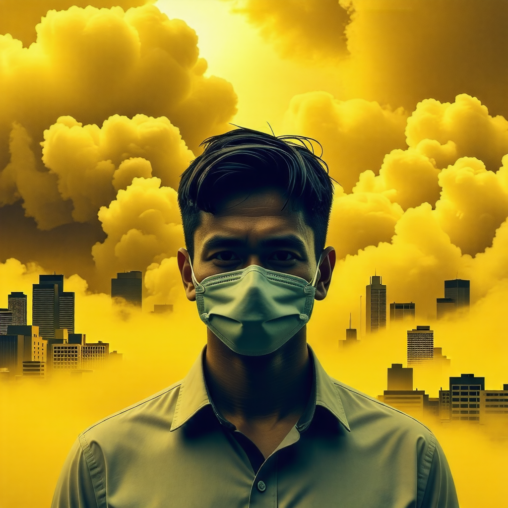 대기오염으로 오염된 도시안에 남자가 마스크 쓰고 있는 이미지