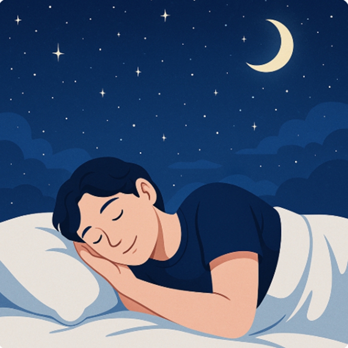 별이 가득한 밤하늘 아래에서 편안히 잠든 남성의 모습. 푸른색 티셔츠를 입고 흰색 베개 위에 머리를 두고 자는 평화로운 장면으로, 달빛이 창가로 은은히 비치며 고요한 수면의 느낌을 표현한 이미지.