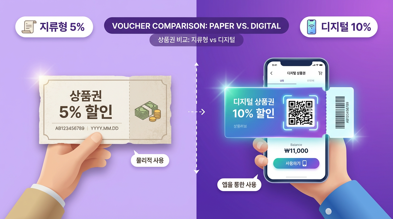 온누리상품권 지류형 5% vs 디지털 10% 할인율 비교 인포그래픽