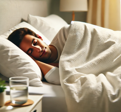 쾌적한 환경의 침실에서 편안하게 자고 있는 남성의 모습