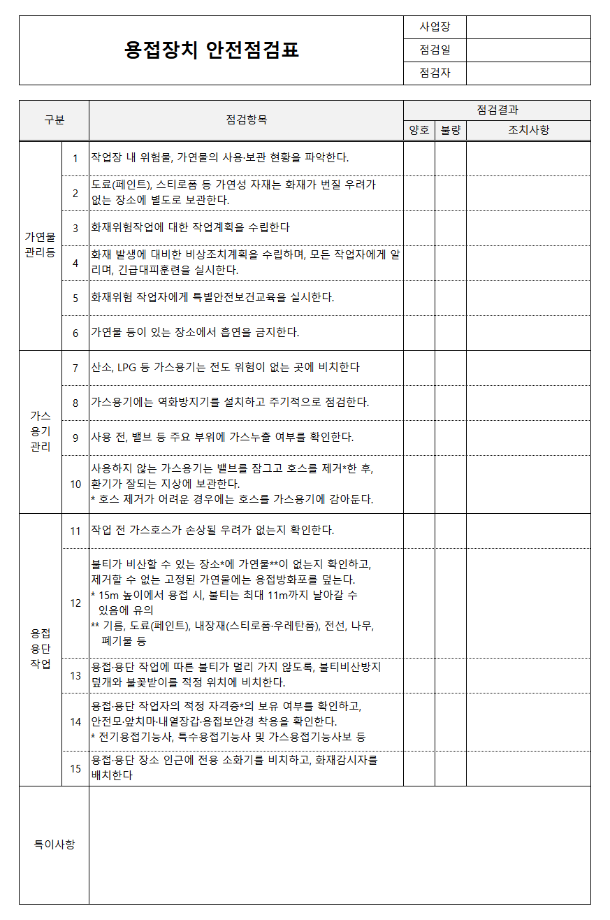 용접장치 안전점검표