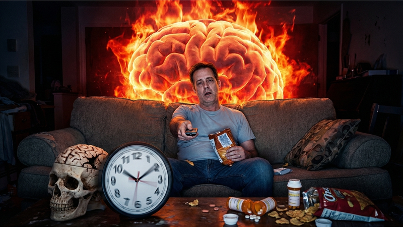 50대 이상 중년 남녀가 뇌를 망치는 도파민 중독 습관 (무의식적 TV 시청, 설탕 간식, 자극적 뉴스)을 하고 있는 모습. 뇌 건강에 대한 경고.