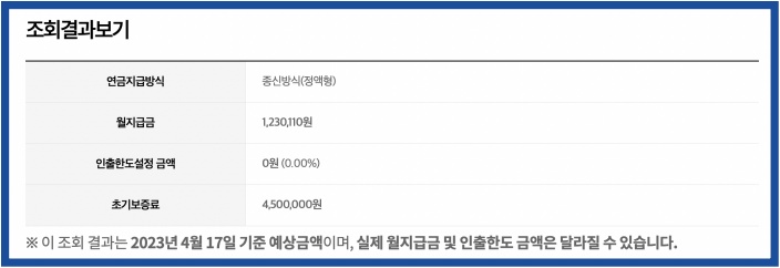주택연금 예상연금조회 결과보기