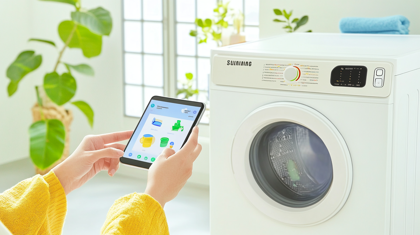 현대적인 인테리어 배경에서 자연광 속에 삼성 스마트 세탁기를 모바일 기기로 조작하는 사람. 집중된 표정을 짓고 있는 모습이 묘사됩니다.