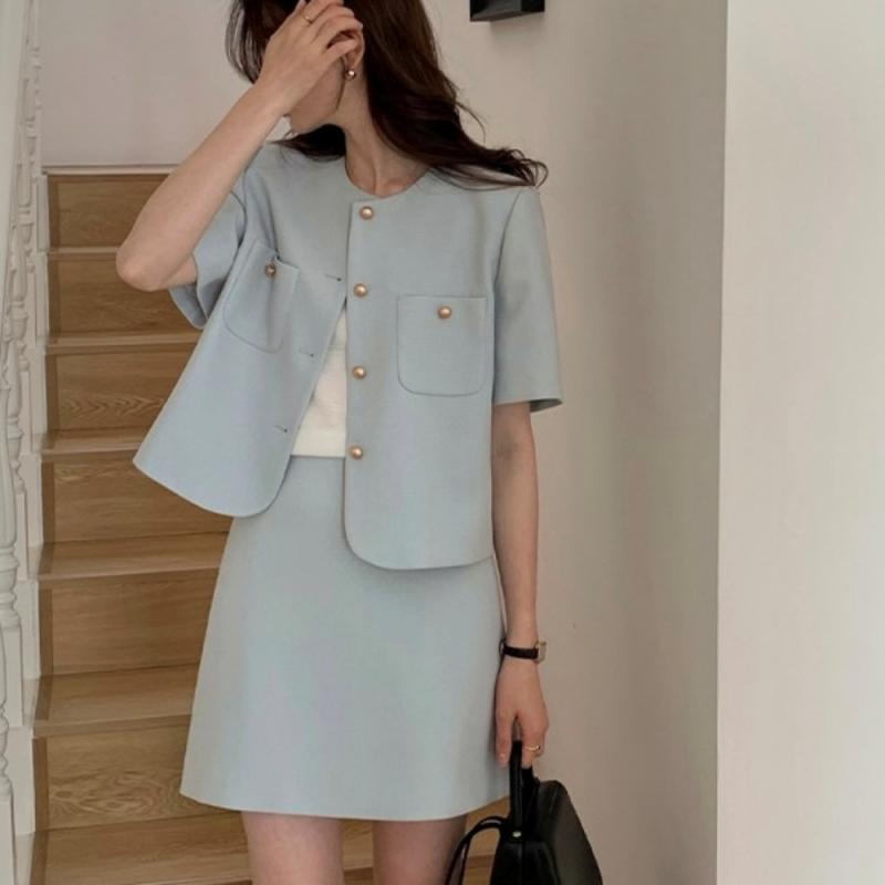 여성 여름 하객룩 트위드 투피스 세트 미니 a라인 스커트 반팔 자켓 셋업