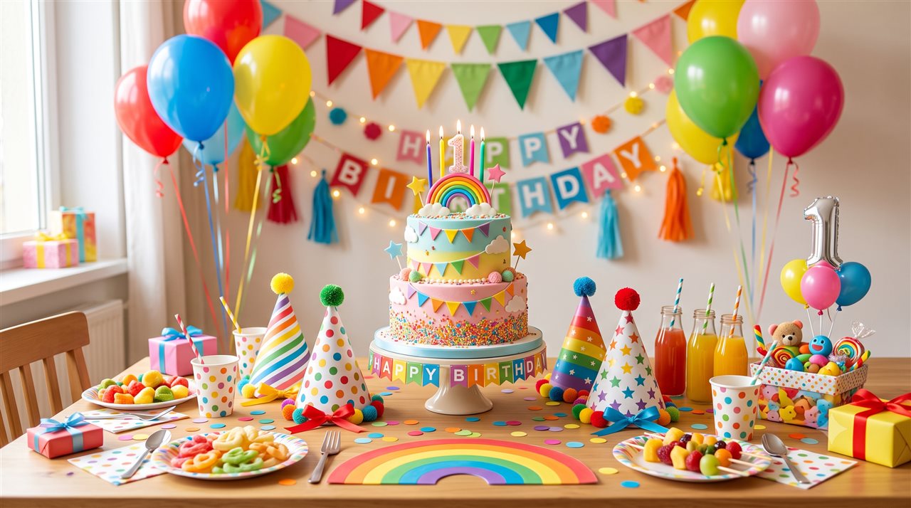 풍선과 종이 모자, 알록달록한 아이 생일 케이크