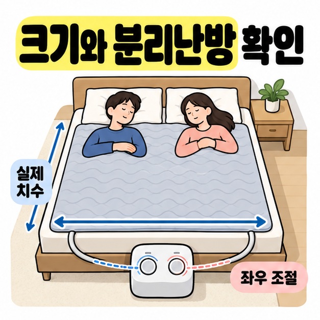 두 사람이 누운 침대의 매트 치수 화살표와 좌우 조절 버튼으로 크기와 분리난방을 확인하는 모습