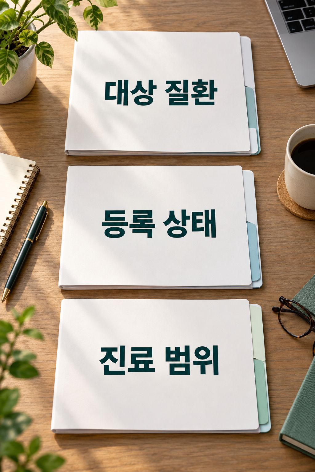 대상 질환&middot;등록 상태&middot;진료 범위라는 제목을 각각 붙인 세 서류철