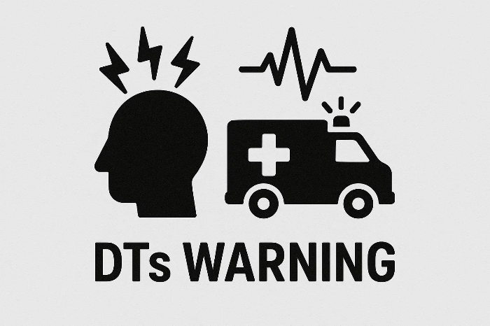 심각한 알코올 금단 증상 경고를 나타내는 아이콘: 번개로 표현된 두통, 심전도, 응급차 그래픽