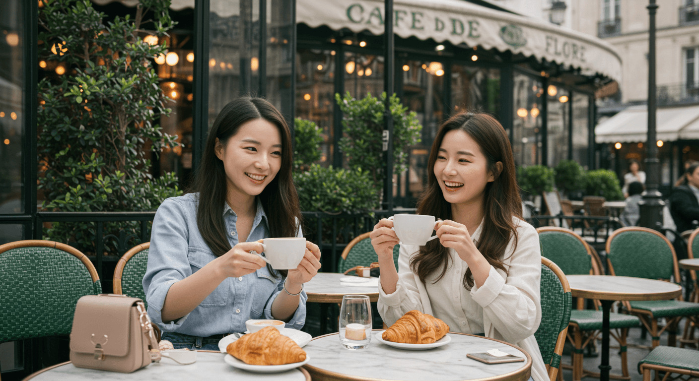 파리 Café de Flore에서 커피 마시는 사진