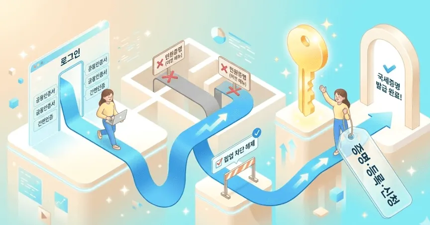 밝고 화사한 3D 아이소메트릭 스타일의 홈택스 메뉴 구조 가이드 이미지. 디지털 미로 속에서 사용자가 로그인과 팝업 차단 해제 단계를 거쳐 '증명·등록·신청'이라는 황금 열쇠를 찾아가는 로드맵을 시각화함. 개편된 2026년 홈택스 증명서 발급 경로를 직관적으로 보여주며, 잘못된 이전 메뉴 경로를 X 표시로 대조하여 정확한 발급 절차를 안내