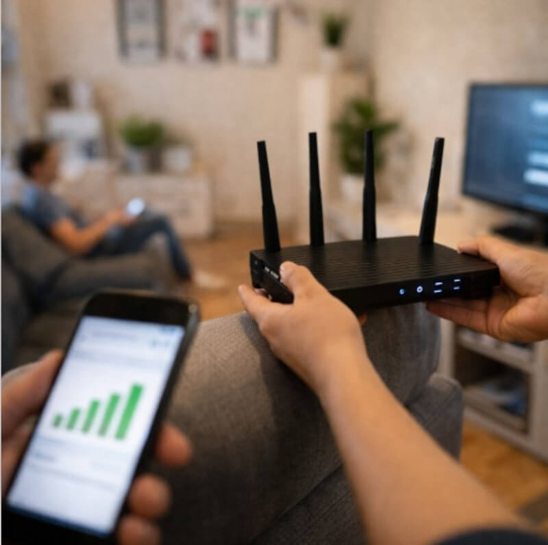 와이파이 공유기 위치 변경으로 신호 확인하는 모습