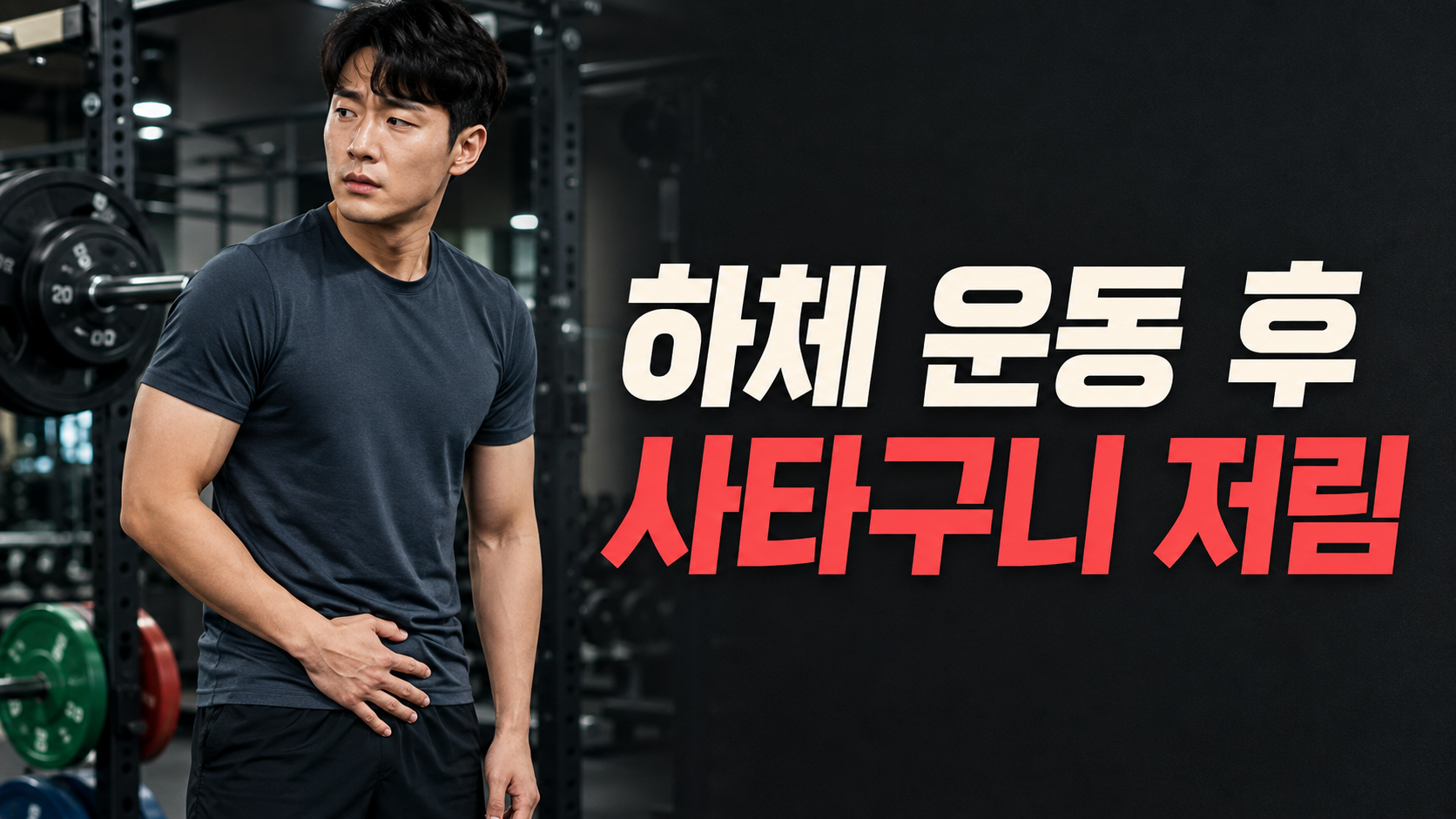 헬스장에서 하체 운동 후 사타구니 저림을 느껴 하복부를 짚고 있는 남성과 하체 운동 후 사타구니 저림 문구