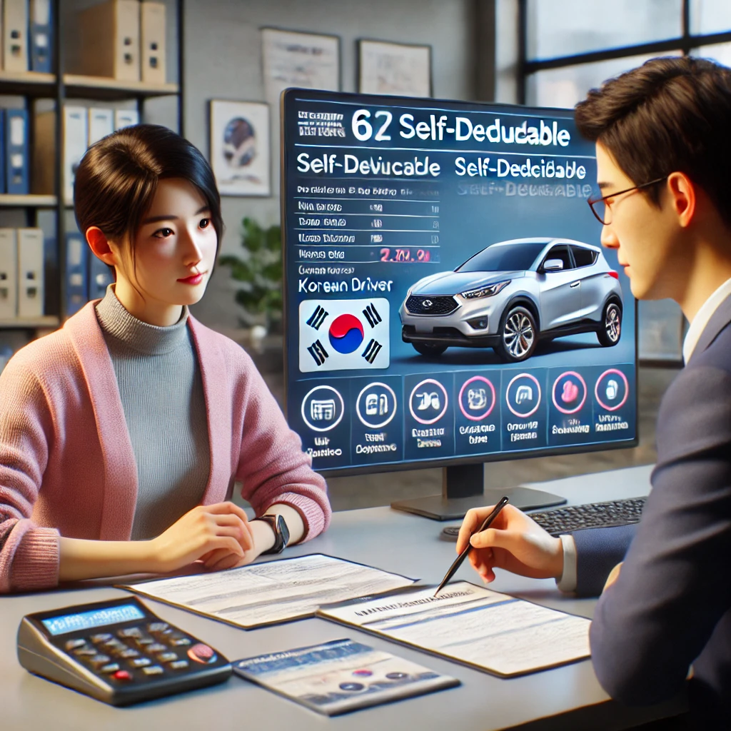 보험 사무실에서 보험 상담원과 함께 자기부담금 옵션을 검토하는 한국 운전자. 책상 위에는 보험 브로셔와 차트가 놓여 있으며, 운전자가 상담원의 설명을 주의 깊게 듣고 있음