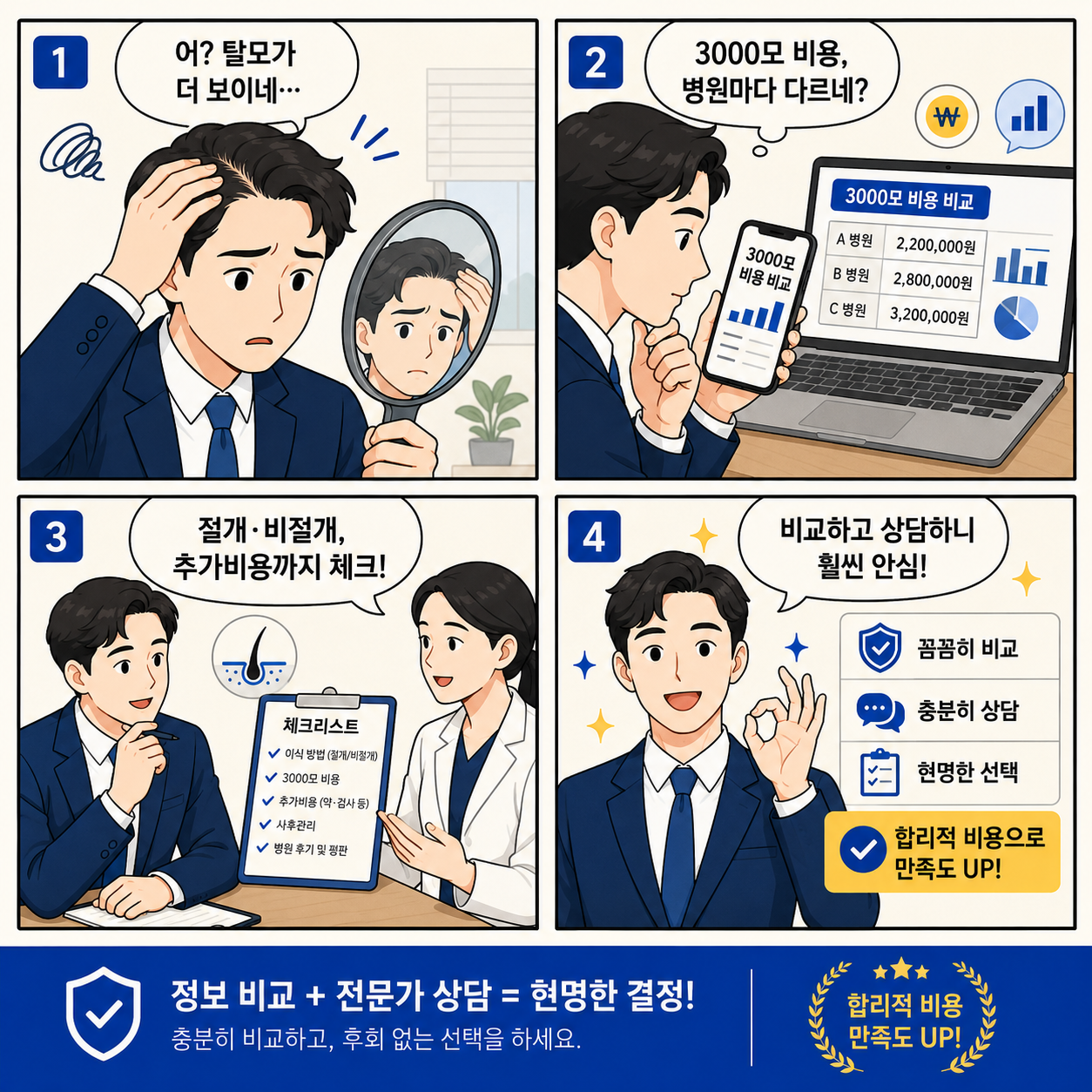 탈모가 고민되는 직장인이 모발이식 3000모 비용을 비교하고 절개 비절개 방식과 추가비용을 상담한 뒤 안심하는 과정을 담은 네컷만화