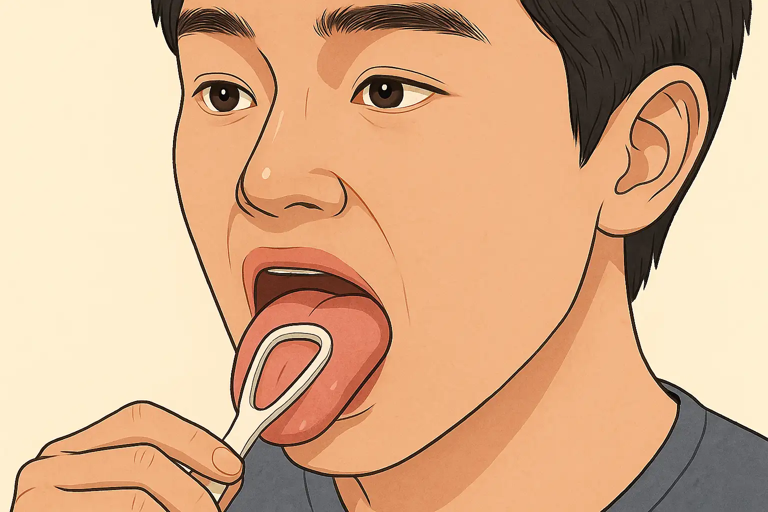 혀클리너로 부드럽게 혀 백태를 제거하는 모습