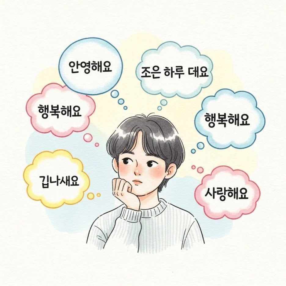 다양한 인사말을 고민하는 사람의 생각 풍경