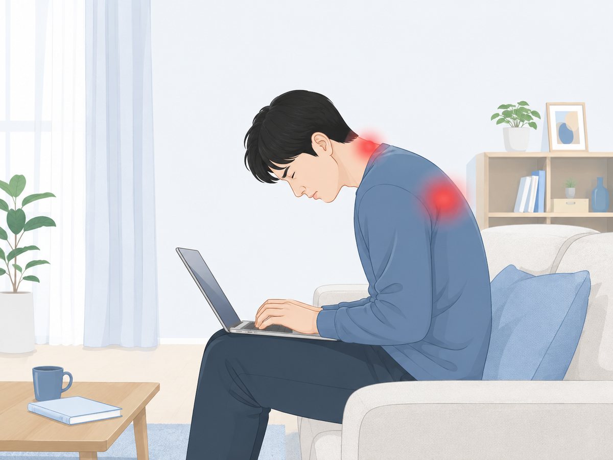 소파에 앉아 무릎 위 노트북을 내려다보며 타이핑하는 남성, 목과 어깨에 통증 표시