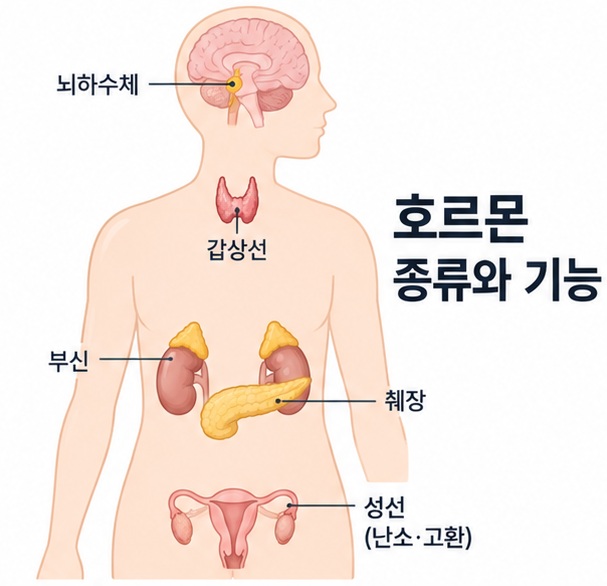호르몬 종류와 기능을 뇌하수체와 갑상선, 부신, 췌장 등 주요 내분비기관으로 보여주는 이미지