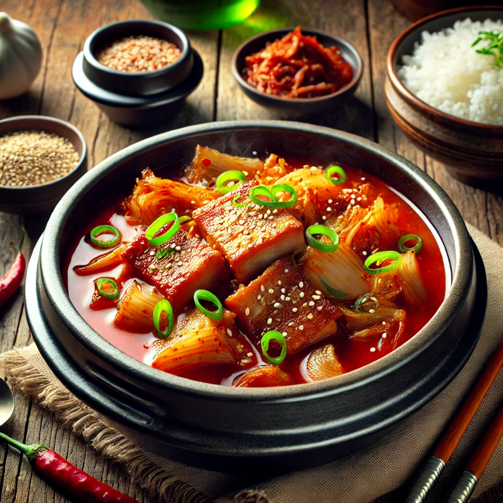 한국 김치찜, 돼지고기와 묵은지를 사용한 매콤하고 깊은 맛의 찜 요리