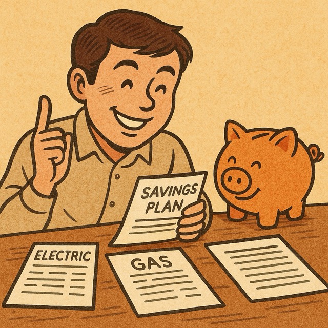 전기·가스·수도 고지서를 테이블에 펼쳐놓고, 돼지 저금통과 함께 절약 전략을 세우는 1인가구 모습