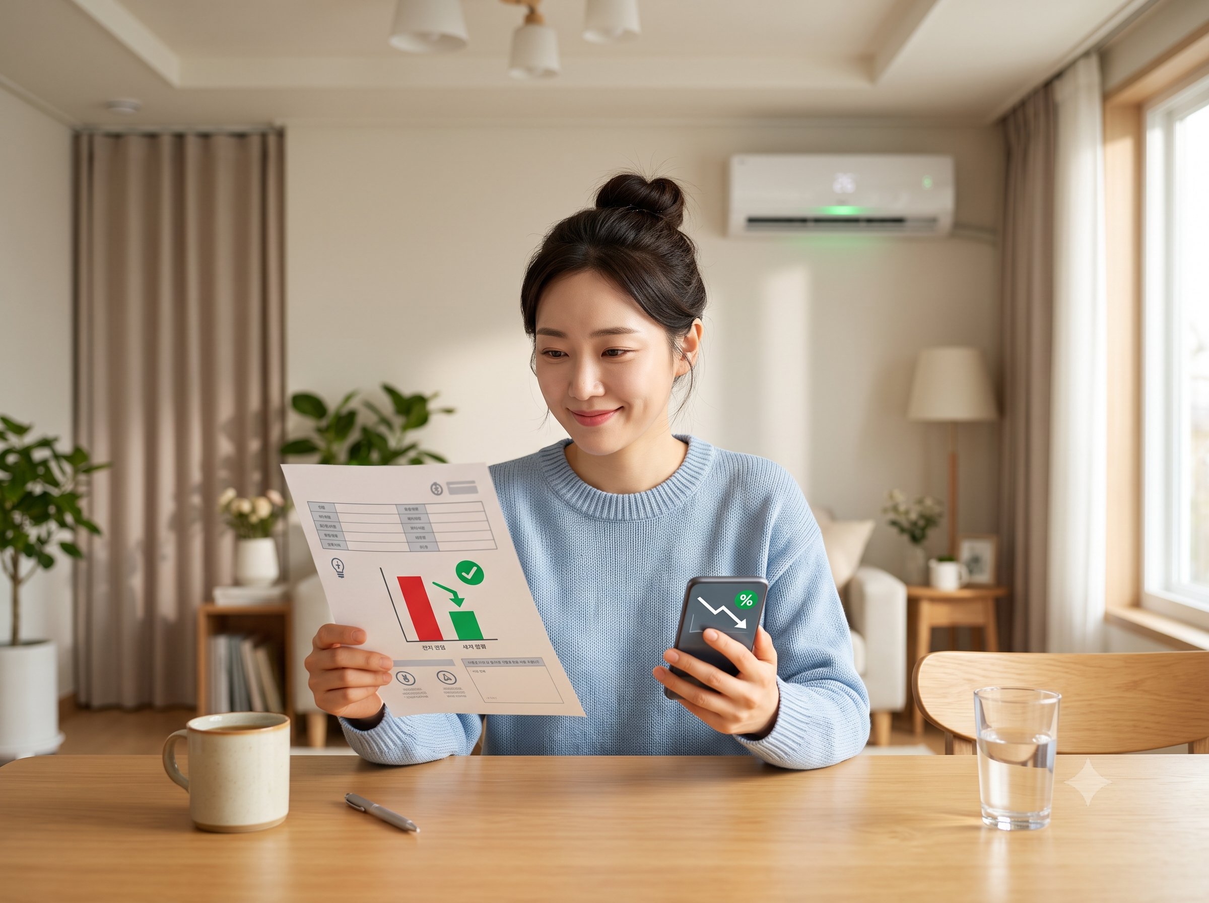 전월보다 낮아진 전력사용량과 전기요금 차감 내역을 확인하는 고지서 장면