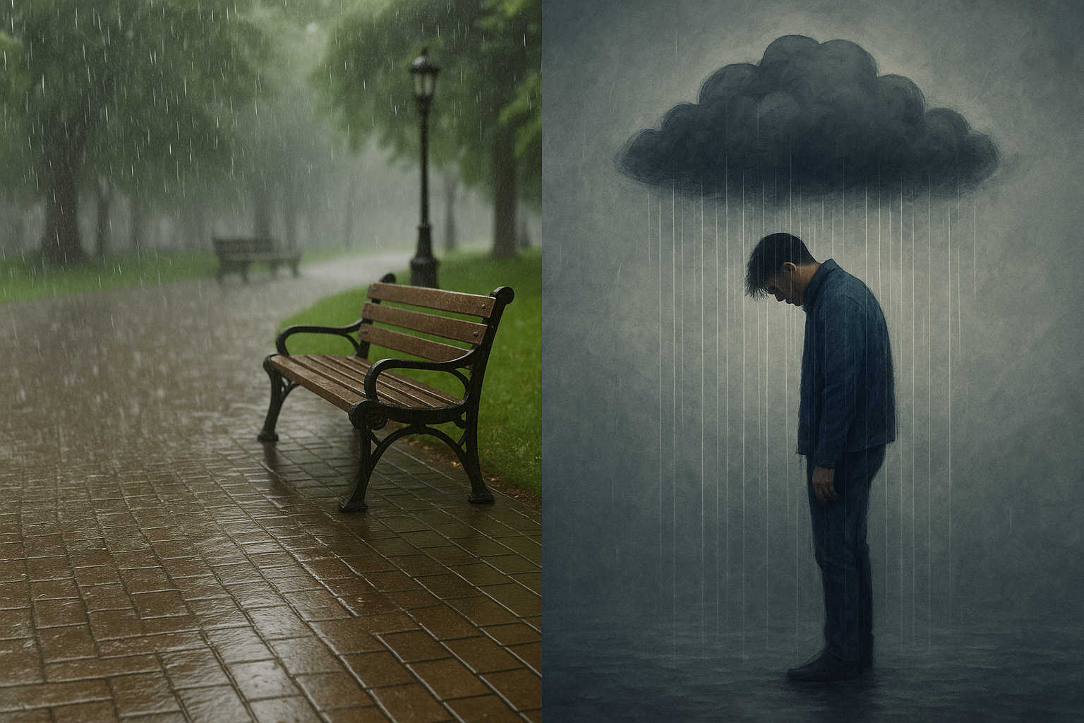 예상치 못한 비, 젖은 공원