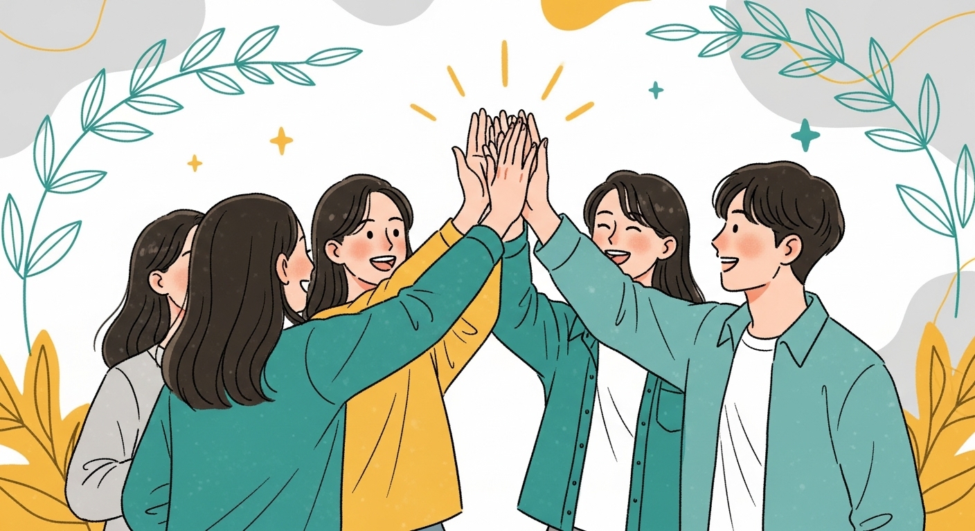 서로 격려하고 성공을 축하하며 하이파이브하는 젊은 한국 청년들의 모습. 따뜻하고 희망찬 분위기로 공동체와 성장을 강조합니다.