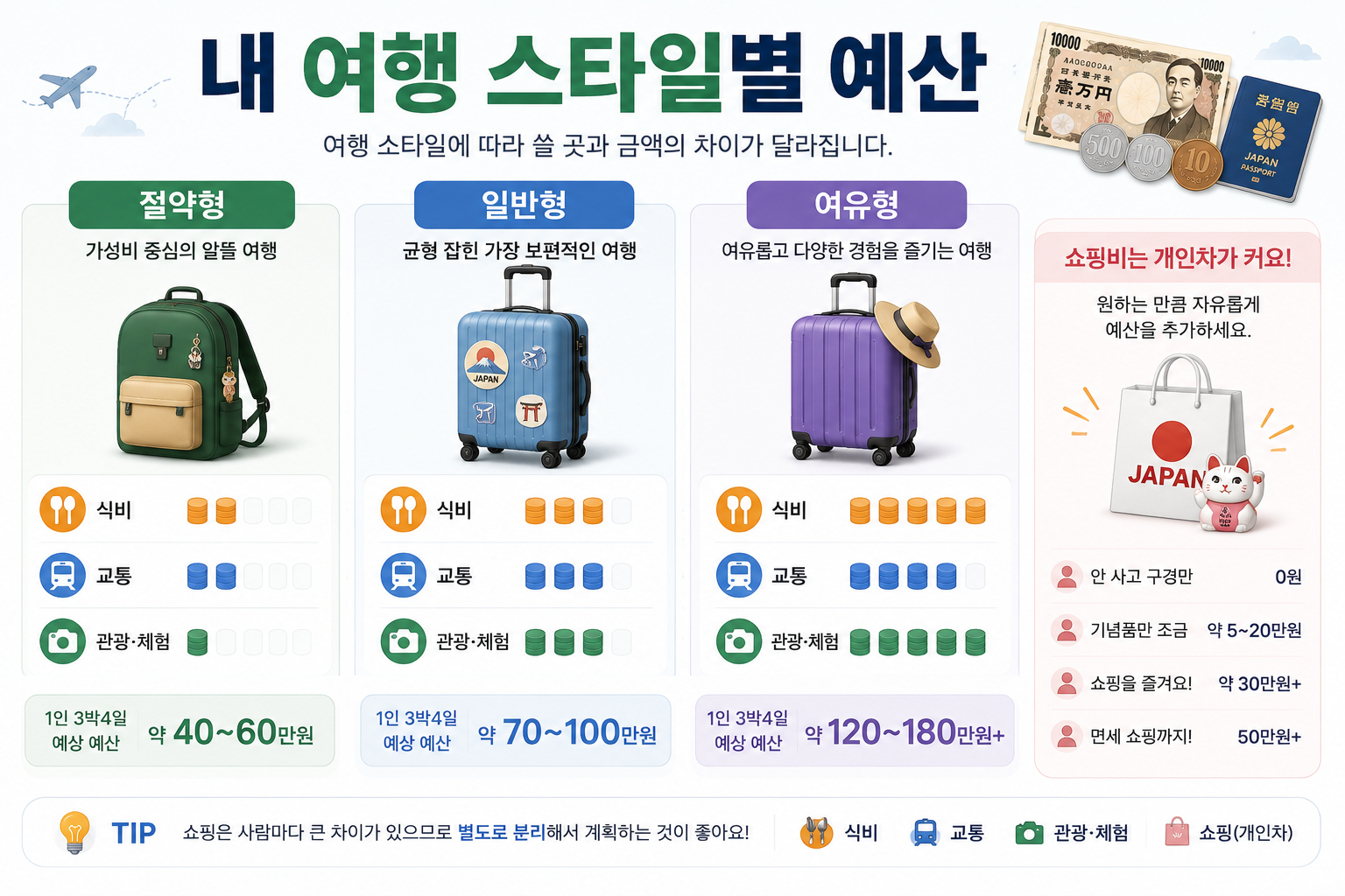 일본 3박4일 여행경비를 절약형 일반형 여유형으로 비교하는 이미지