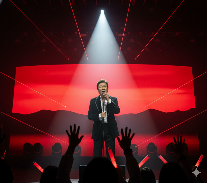 콘서트 무대 클로즈업 샷, 마이크 앞에서 노래하는 모습