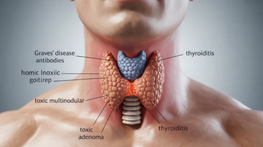 인체의 여러 장기 중에서 목에 위치를 하고 있는 갑상선의 해부학적인 모양을 그린 이미지 사진