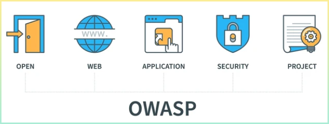 아이콘이 있는 OWASP 개념 웹 응용 프로그램 보안 프로젝트를 엽니다. 최소 플랫 라인 스타일의 웹 벡터 정보