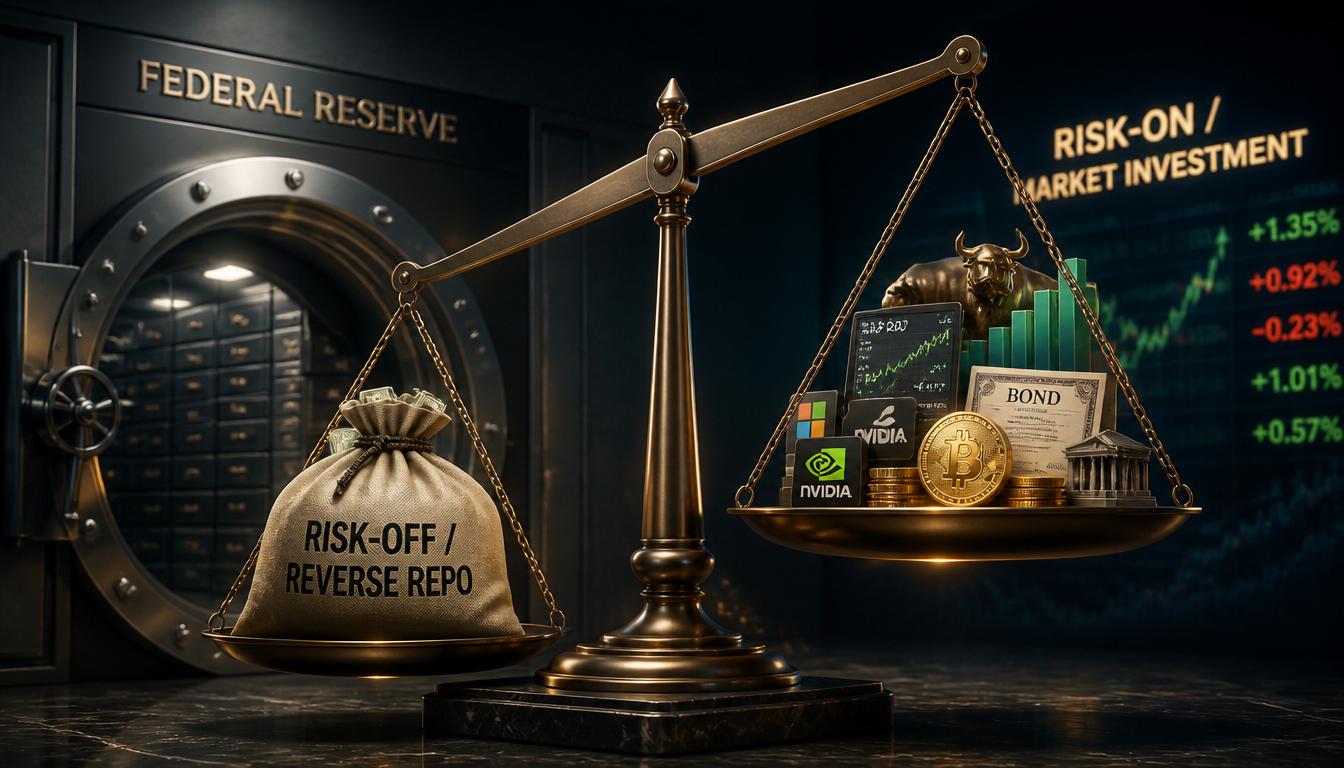 A conceptual scale balancing safe cash reserves in the Fed versus active market investments like stocks and cryptocurrencies.