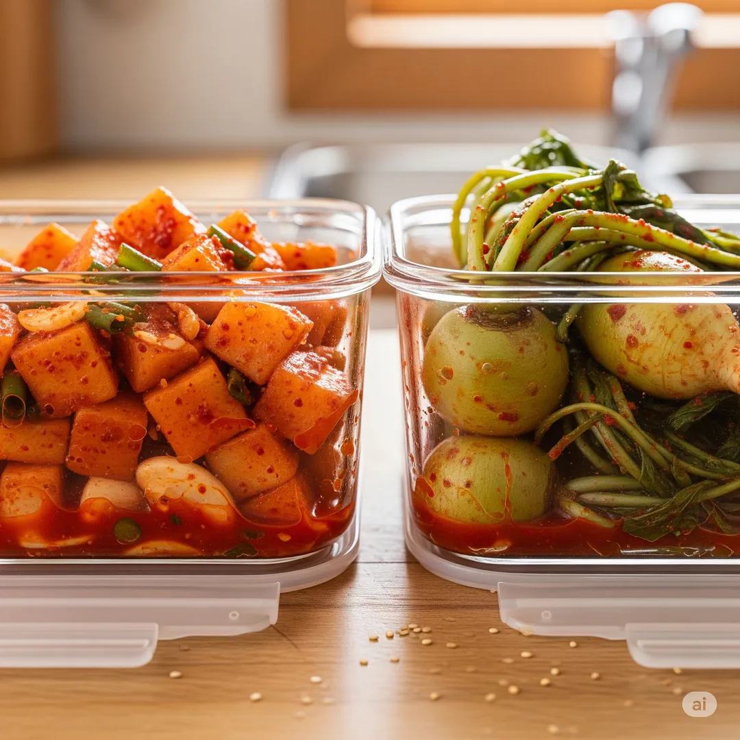 김치통에 담긴 총각김치와 알타리김치