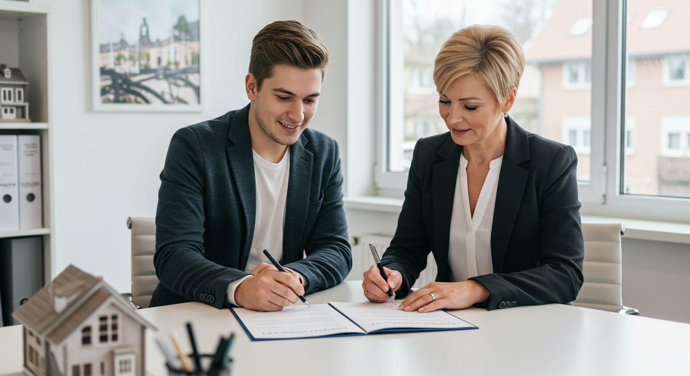 공인중개사 사무실에서 계약서를 작성하는 모습