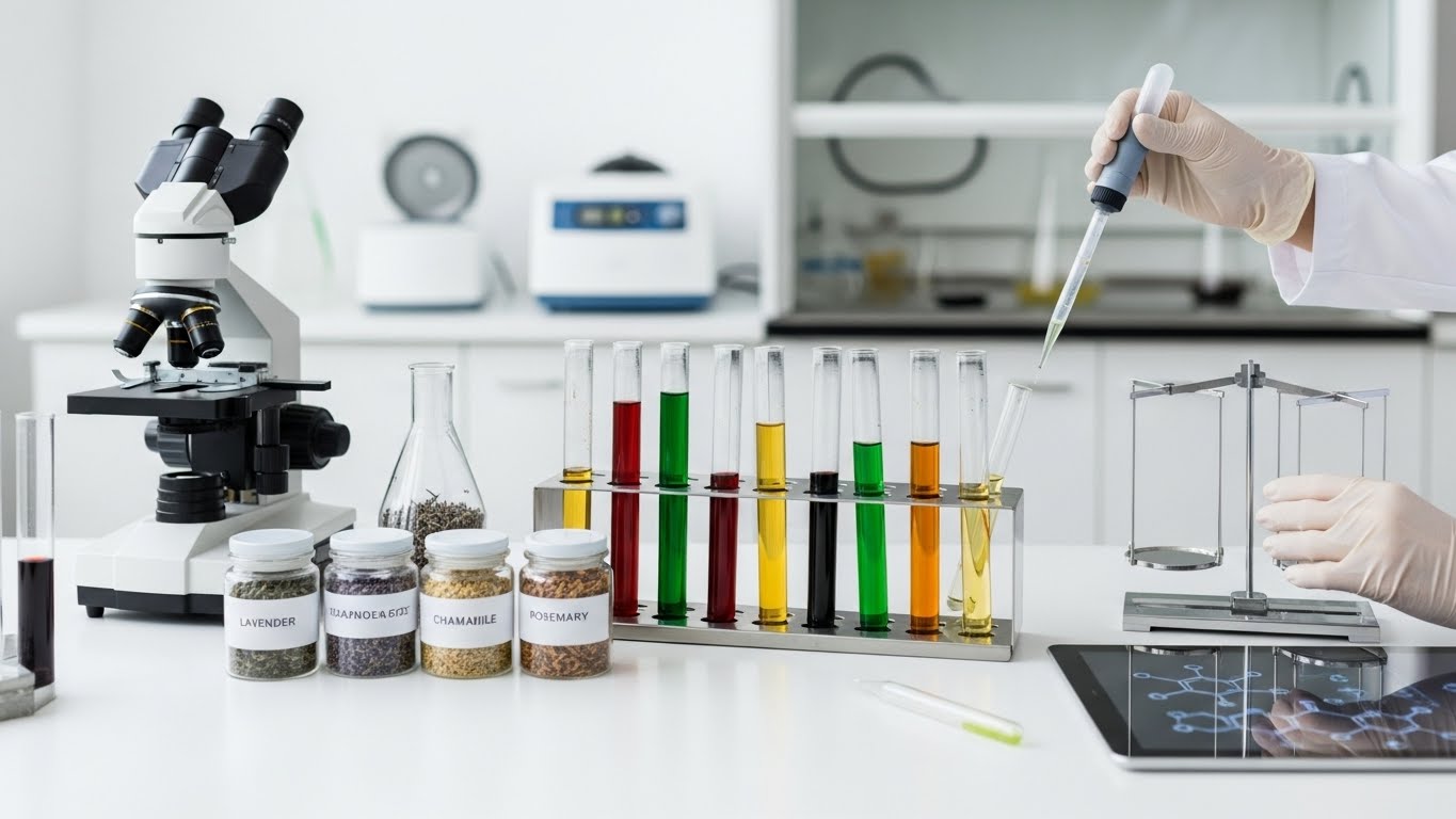 테스트-튜브와-허브-추출물을-흰색-실험실-벤치에-보여주는-현실적인-현대-실험-장면으로,-허브-성분에-대한-과학적-평가를-상징합니다.