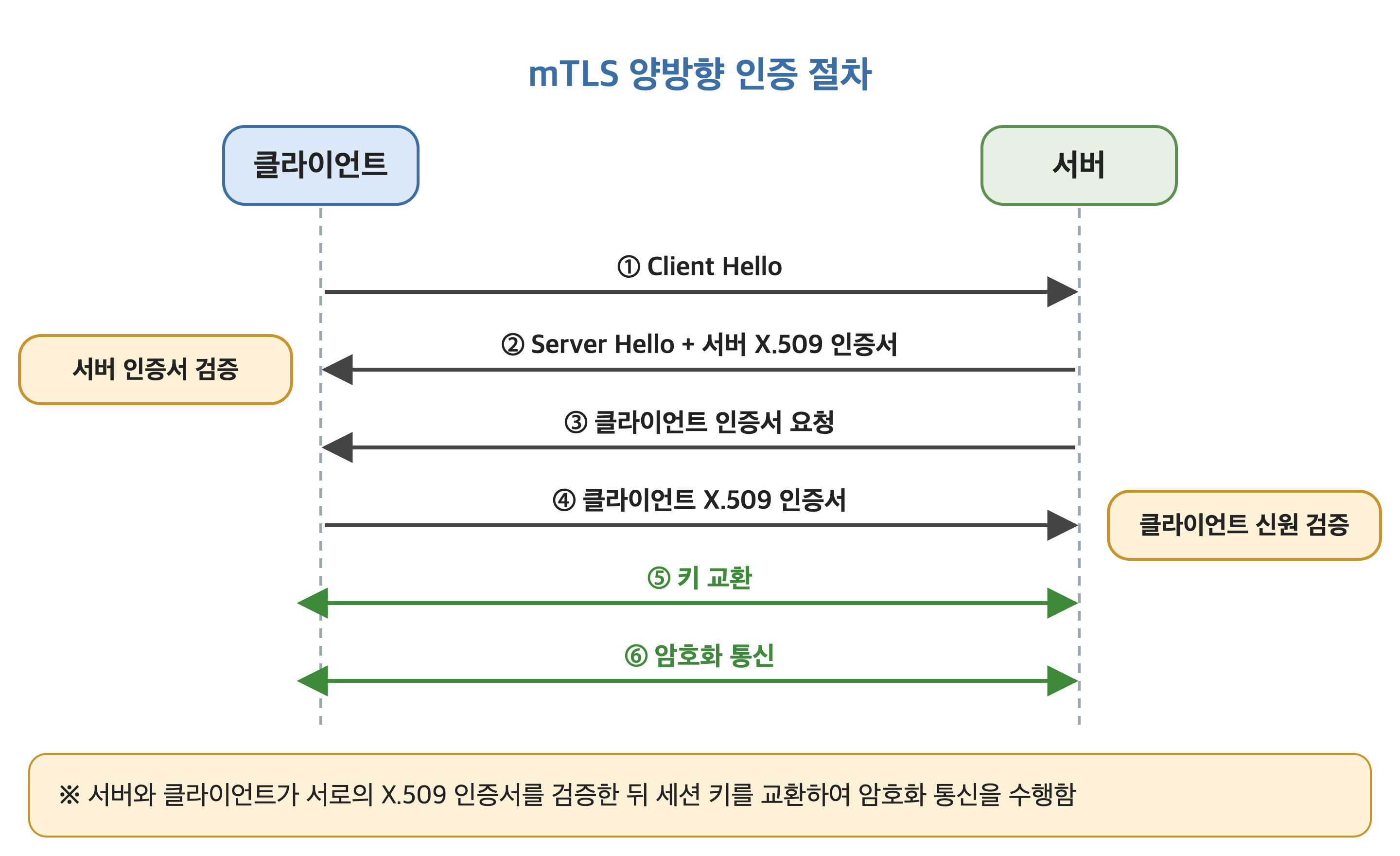 mTLS 양방향 인증 절차 개념도 (Client Hello부터 암호화 통신까지)