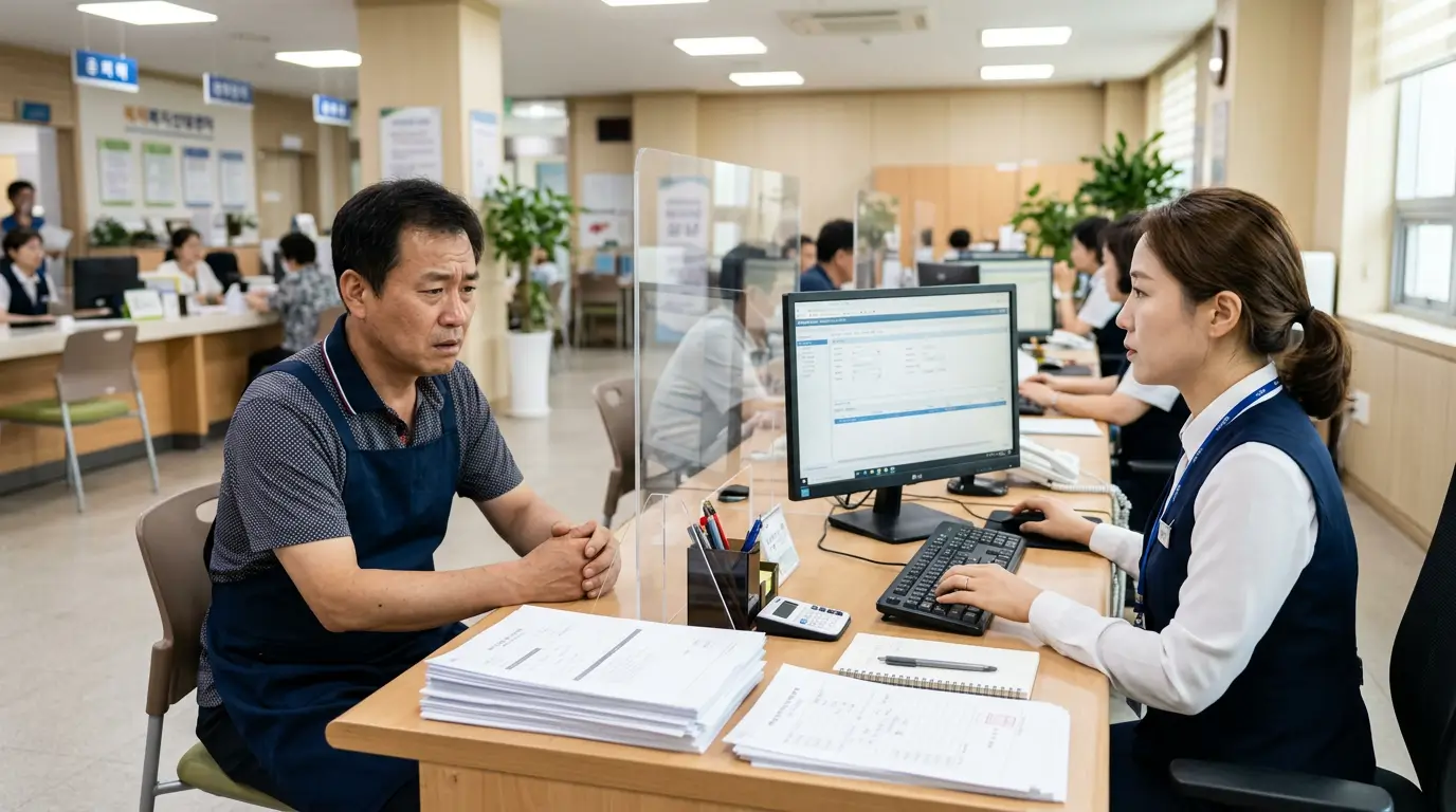 주민센터 민원 창구에서 한국인 자영업자가 통신 요금 연체 방지를 위해 가용 소득 증빙 서류를 접수하며 상담받는 모습