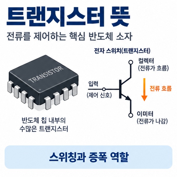 트랜지스터 뜻이라는 제목과 반도체 칩, 전자식 스위치, 전류 흐름을 함께 표현한 대표 이미지