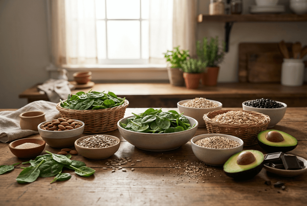 잎채소, 견과류, 통곡물 등 마그네슘과 비타민B6가 풍부한 식재료를 편안한 주방 분위기에서 담아낸 이미지