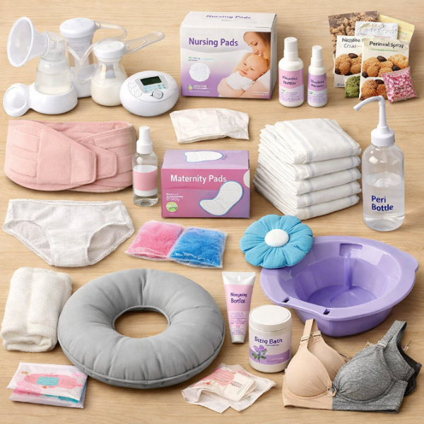 출산 후 산모에게 필요한 생활용품 세트. 유축기, 수유패드, 산모패드, 복대, 일회용 팬티, 좌욕기, 회음부 스프레이, 온냉팩, 젖병 세정제, 물티슈, 수유 브라, 타월, 쿠션 등이 나열된 모습