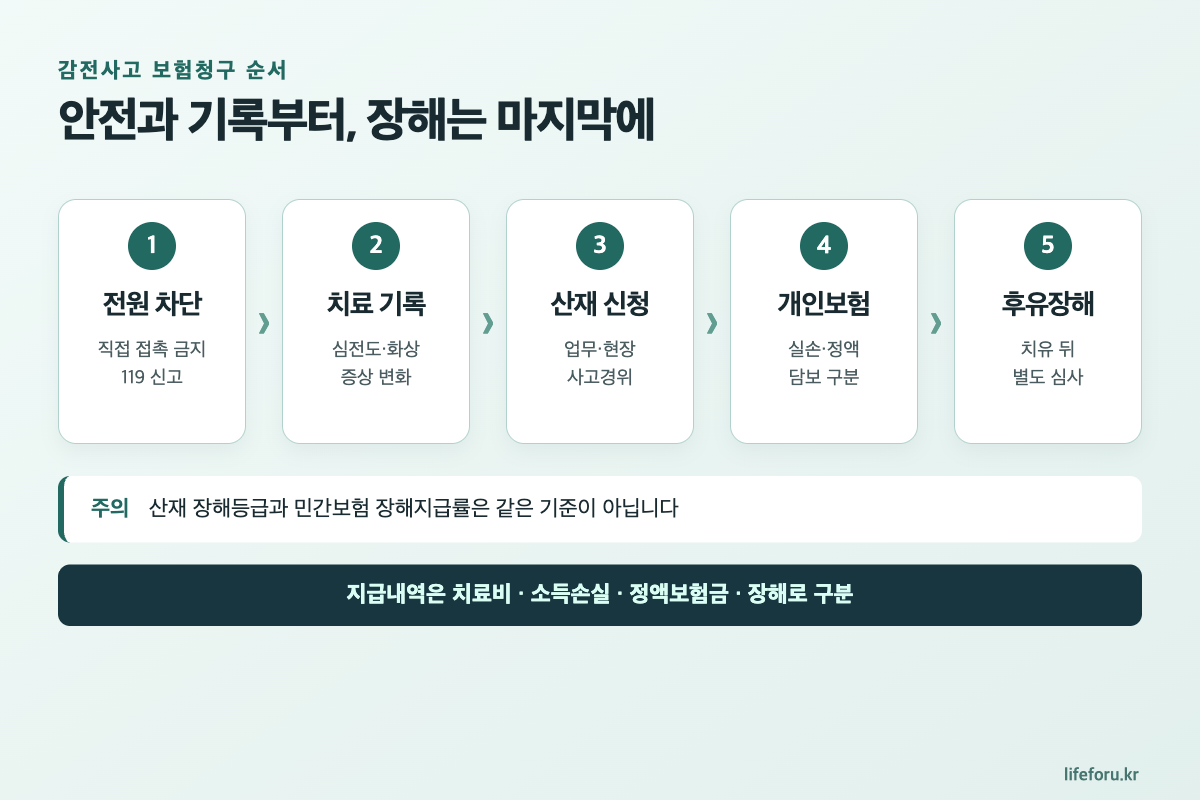 업무 중 감전사고, 산재 처리부터｜개인보험·후유장해 청구 순서 핵심 내용 요약 이미지