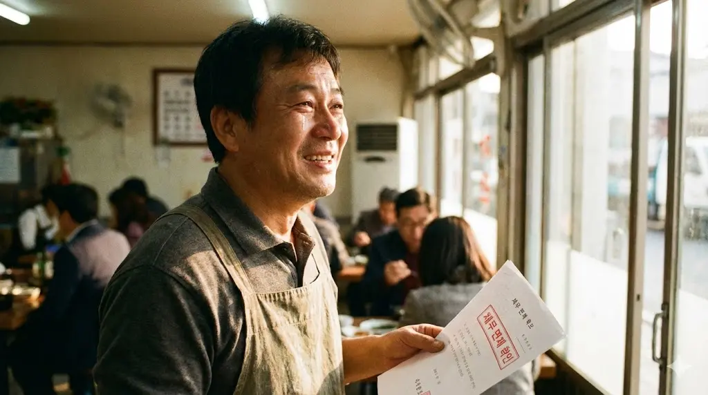 따뜻한 햇살이 비치는 식당에서 채무 탕감 서류를 들고 안도하며 활짝 웃고 있는 중년의 한국인 소상공인