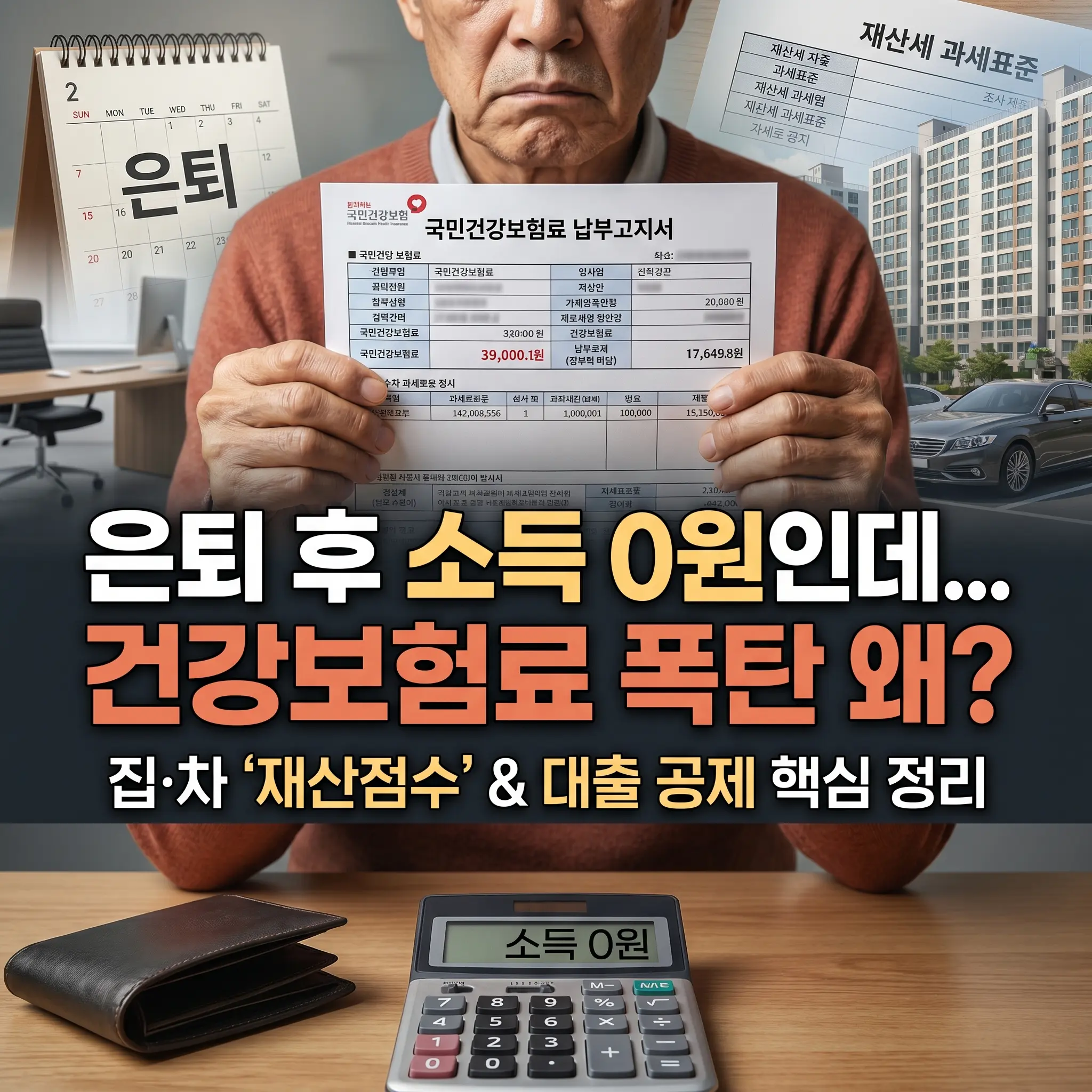 소득 0원이 적힌 계산기와 텅 빈 지갑이 놓인 책상 앞에서 한 은퇴자가 국민건강보험료 납부고지서를 들고 당황하는 모습. 배경에는 아파트와 자동차, 재산세 과세표준 서류가 보이며, 중앙에는 '은퇴 후 소득 0원인데... 건강보험료 폭탄 왜? 집·차 재산점수 & 대출 공제 핵심 정리'라는 문구가 크게 적혀 있어, 지역가입자 전환 시 재산에 부과되는 건강보험료의 부담을 직관적으로 보여주는 썸네일 이미지입니다.